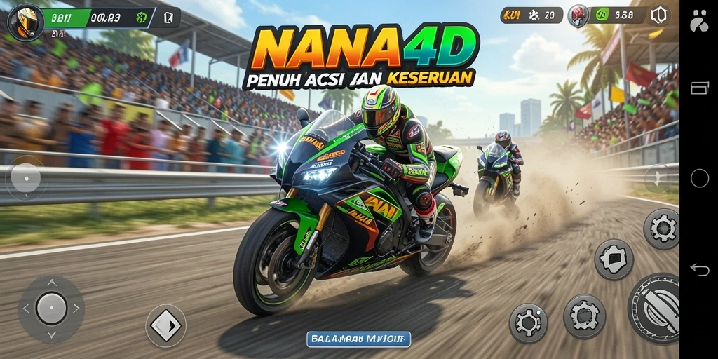 Tangkapan layar gameplay NANA4D menampilkan balapan motor yang mendebarkan.