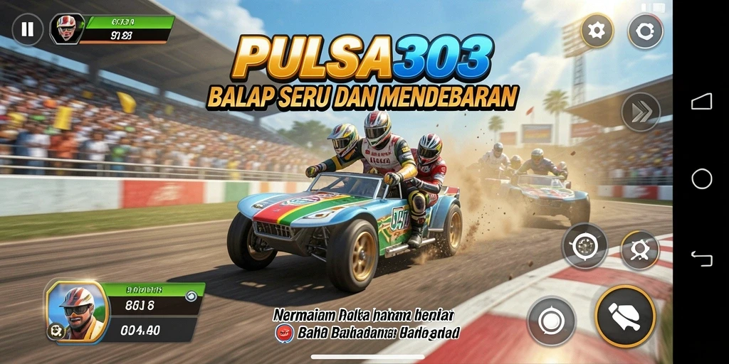 Tangkapan layar gameplay PULSA303 menampilkan balapan mendebarkan dengan mobil yang melaju kencang.