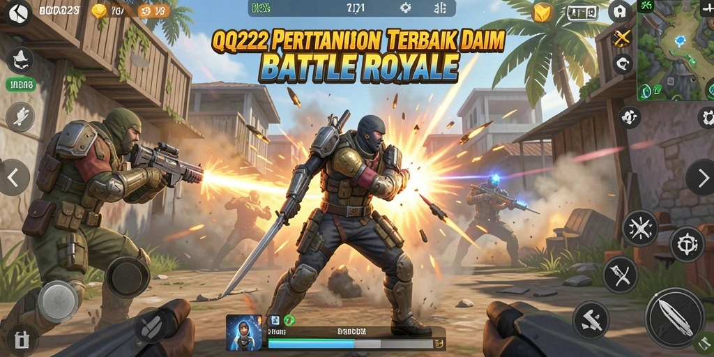 Screenshot gameplay <strong>QQ222</strong> menunjukkan aksi tempur sengit di arena Battle Royale.