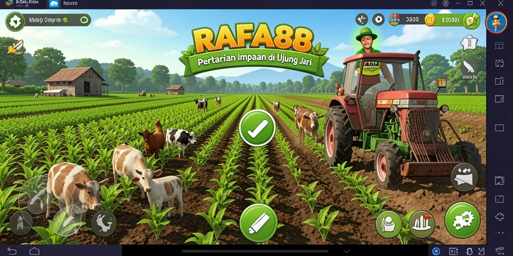 Gameplay RAFA88 menampilkan lahan pertanian yang indah dan hewan ternak yang menggemaskan.