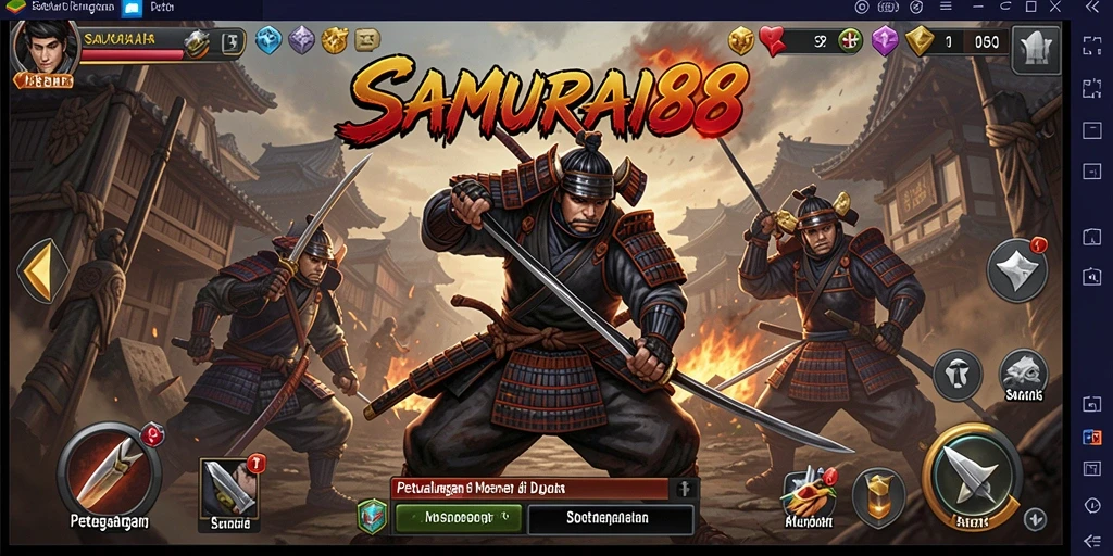Screenshot gameplay <strong>SAMURAI88</strong> menampilkan pertarungan epik di dunia samurai.