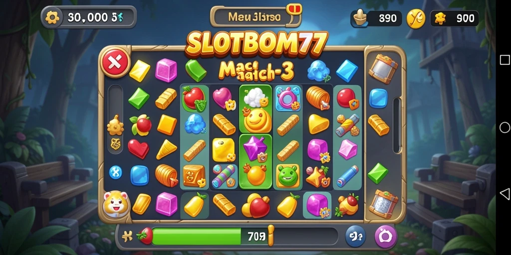 Tangkapan layar gameplay seru dari SLOTBOM77 dengan teka-teki Match-3.