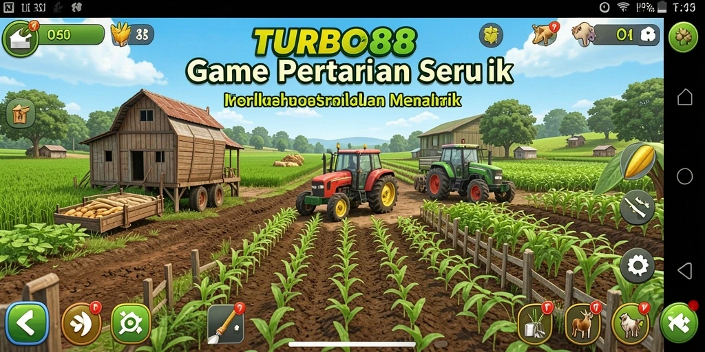 Screenshot gameplay TURBO88 menampilkan kebun yang subur dan hewan ternak yang sehat.